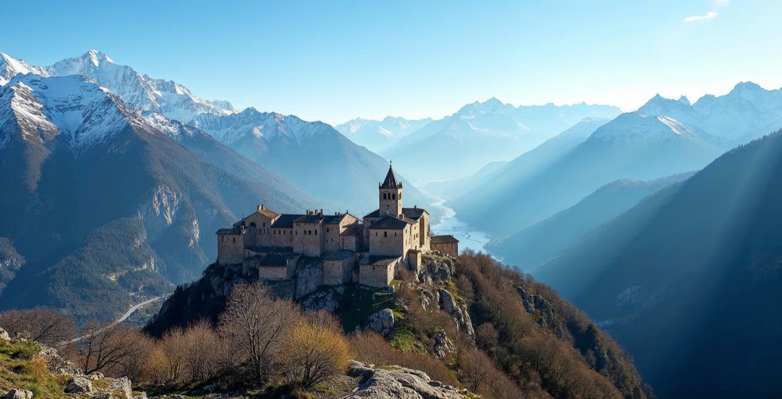 Pyrenees and church of Santa Coloma, Andorra.