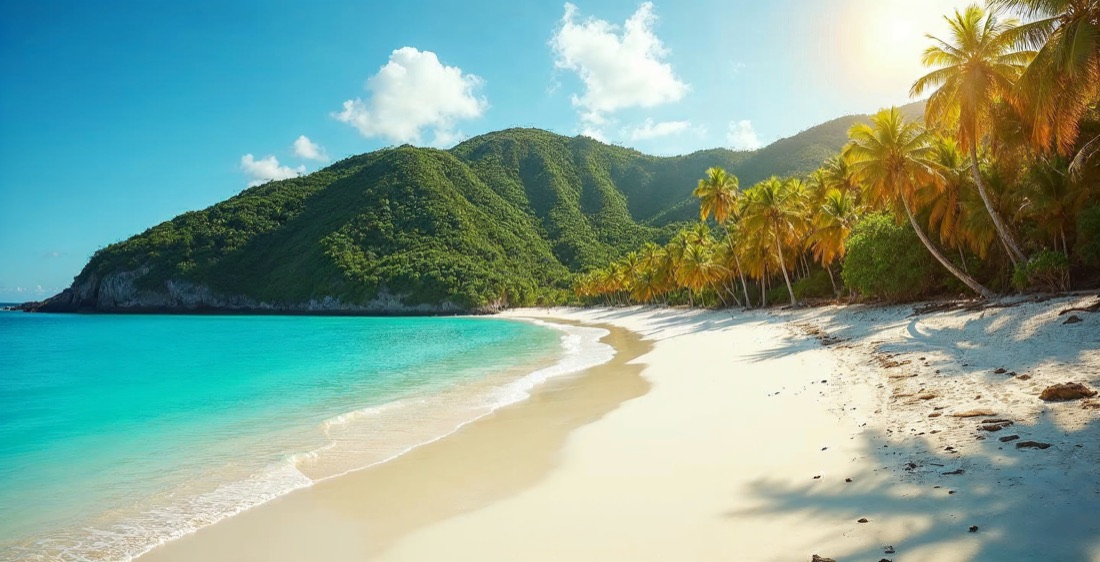 Dickenson Bay beach with palms and turquoise water, Antigua.