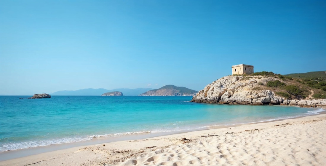 Ksamil beach in Albania with turquoise waters and a bunker in summer.