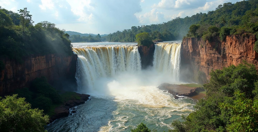 Kalandula Falls, Angola, in lush green landscape.