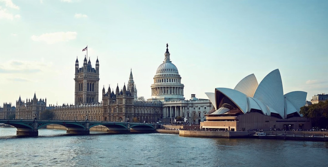 Montage of Big Ben, U.S. Capitol, and Sydney Opera House for AUKUS