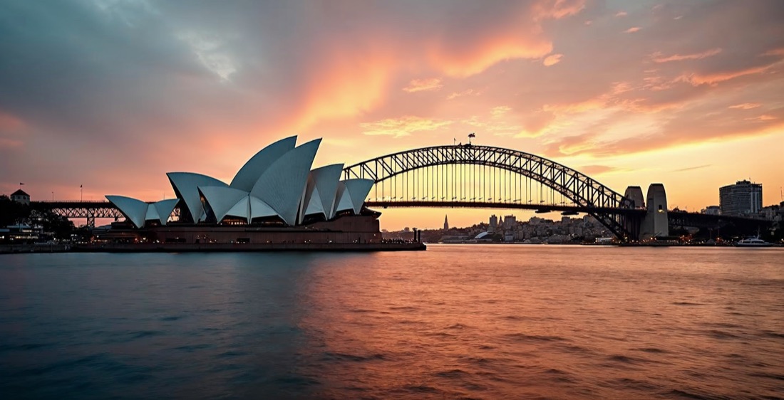 Sydney Opera House and Harbour Bridge at dusk, Sydney, Australia