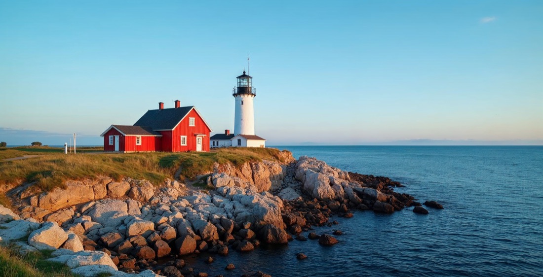 Red boathouse and lighthouse by the sea in Åland, Finland at evening.