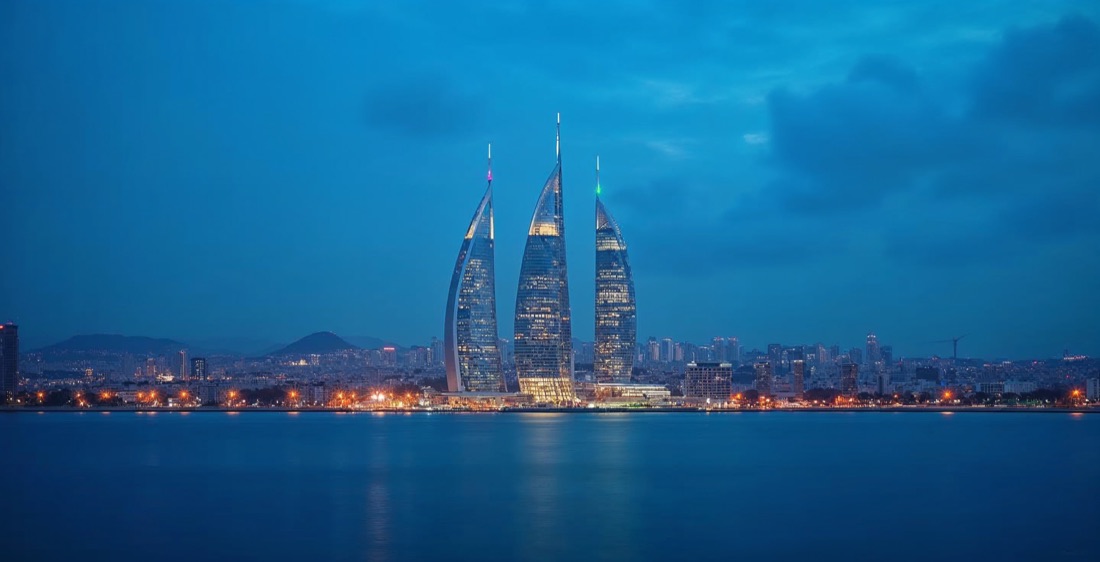 Flame Towers and Baku skyline, Azerbaijan.
