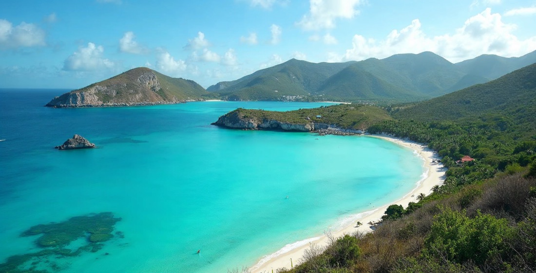 Turquoise waters of Grand Cul-de-Sac, Saint Barthelemy, with green hills.
