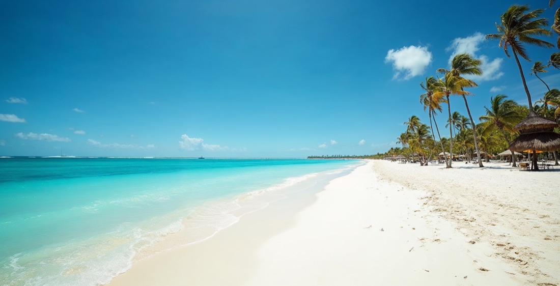 Cable Beach with turquoise water and palms, Bahamas.