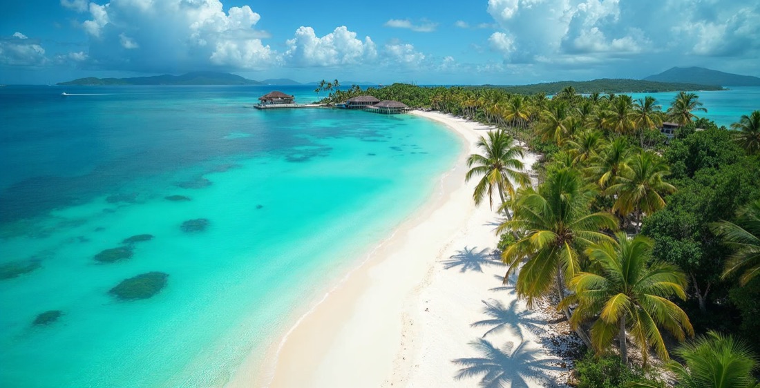 Aerial view of Caribbean bay with turquoise water and palm trees