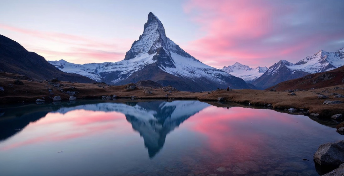 Matterhorn reflecting in a lake at dawn, Switzerland.