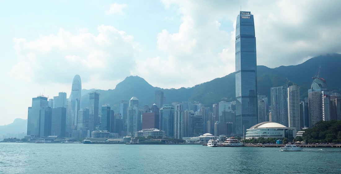 Victoria Harbour and Hong Kong skyline at dusk.