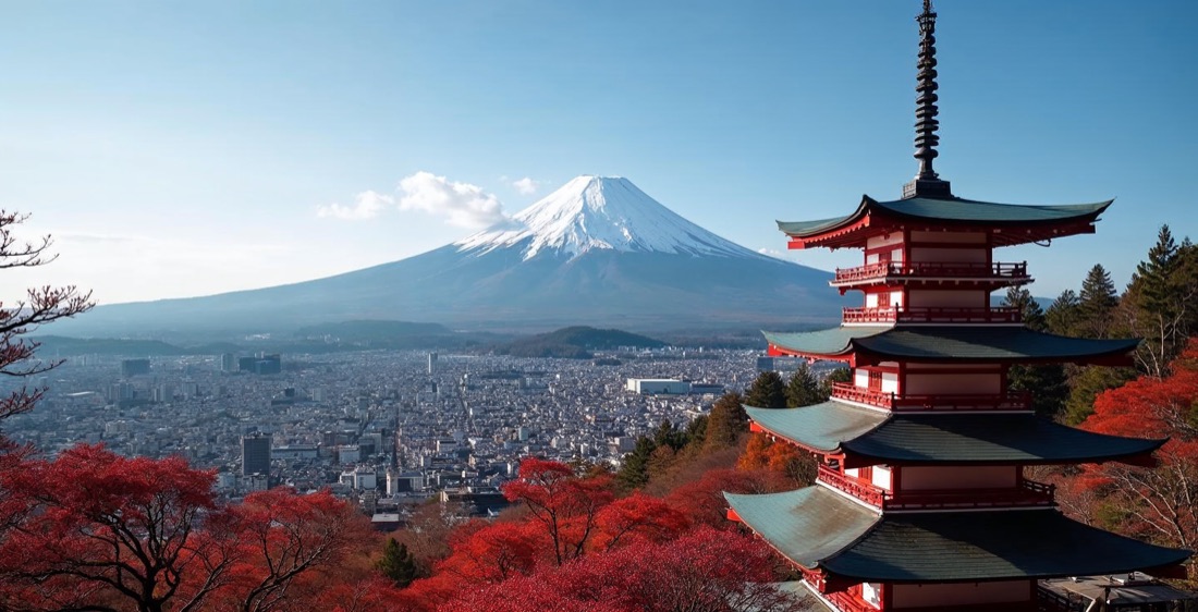 Mount Fuji seen from Chureito Pagoda in spring.