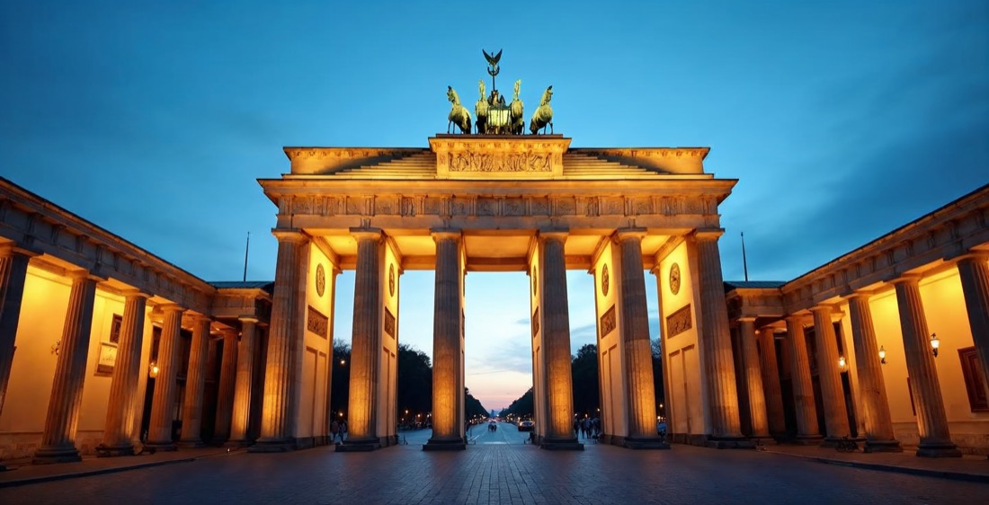 Brandenburg Gate at dusk, Berlin, Germany