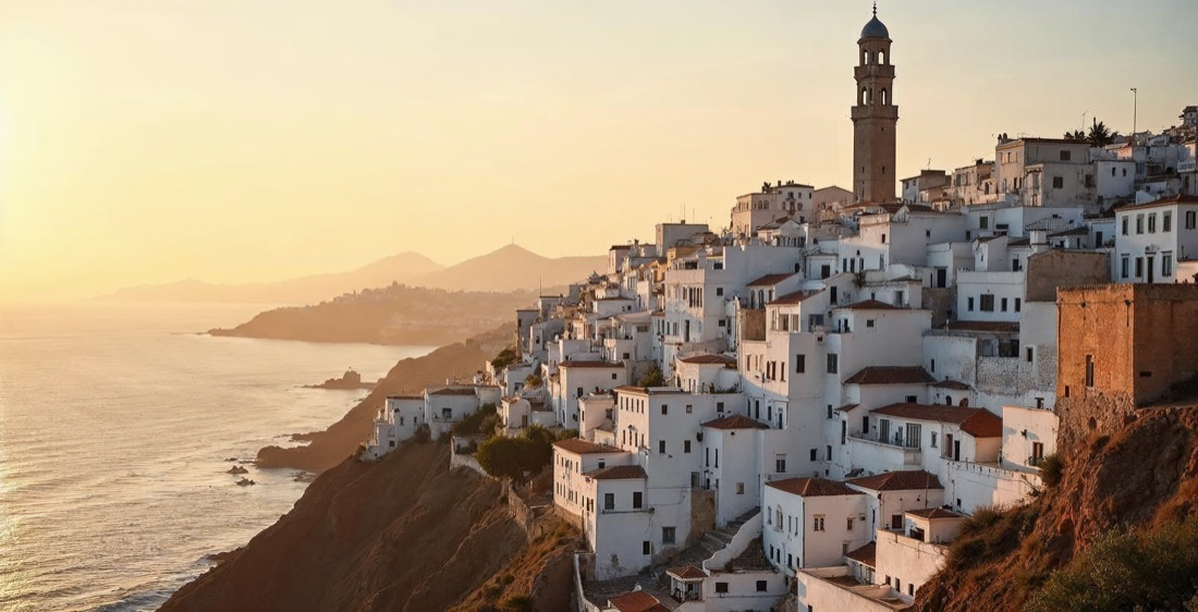 Casbah of Algiers, Algeria, with Mediterranean Sea in background.