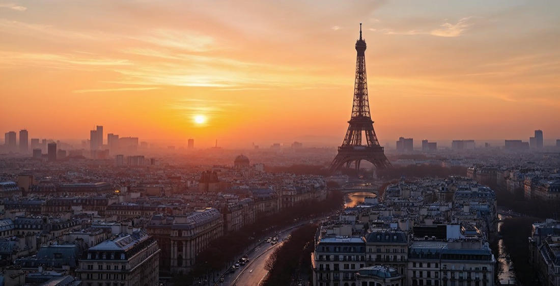 Paris skyline with Eiffel Tower at sunset.
