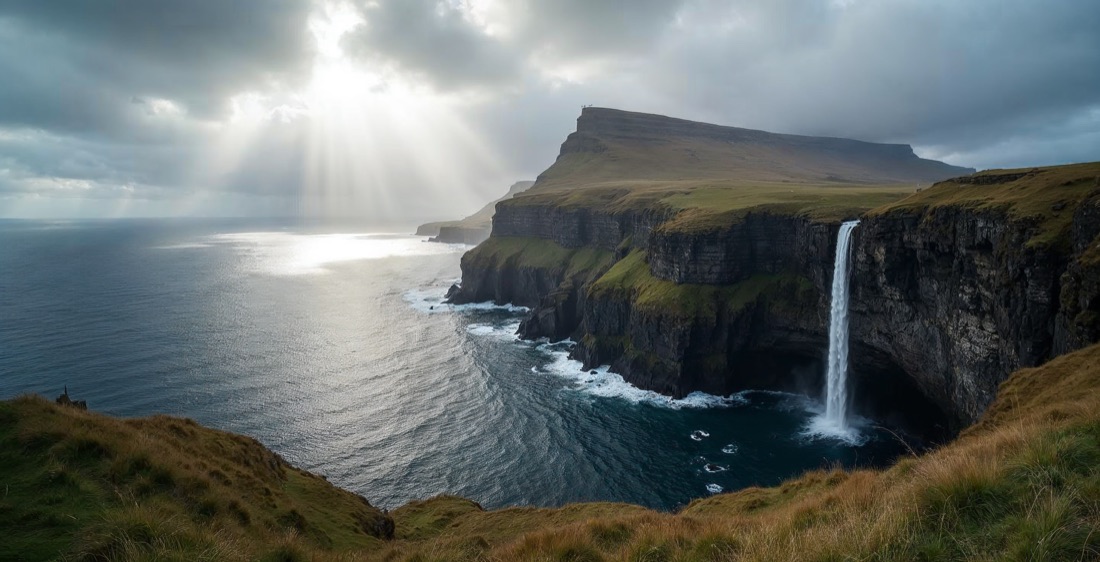 Mulafossur waterfall and sea cliffs in the Faroe Islands.