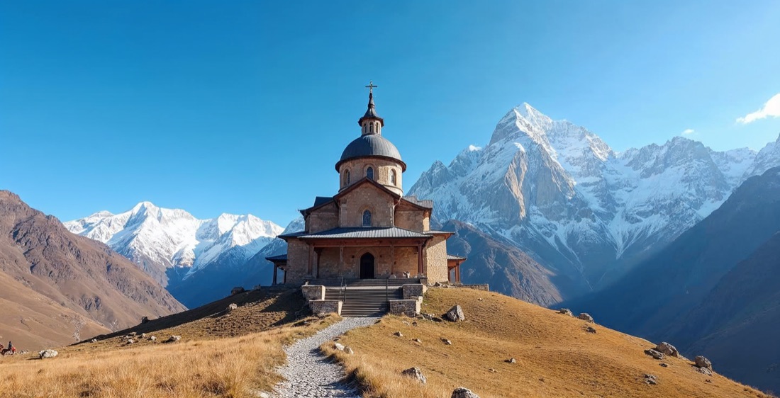 Gergeti Trinity Church with Mount Kazbek, Georgia