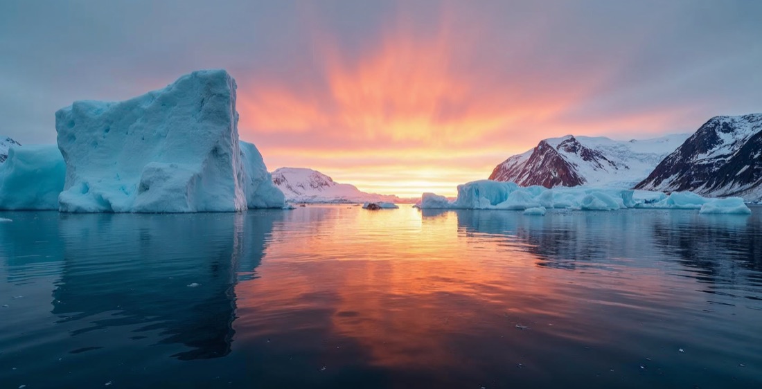Ilulissat Icefjord with icebergs under midnight sun, Greenland