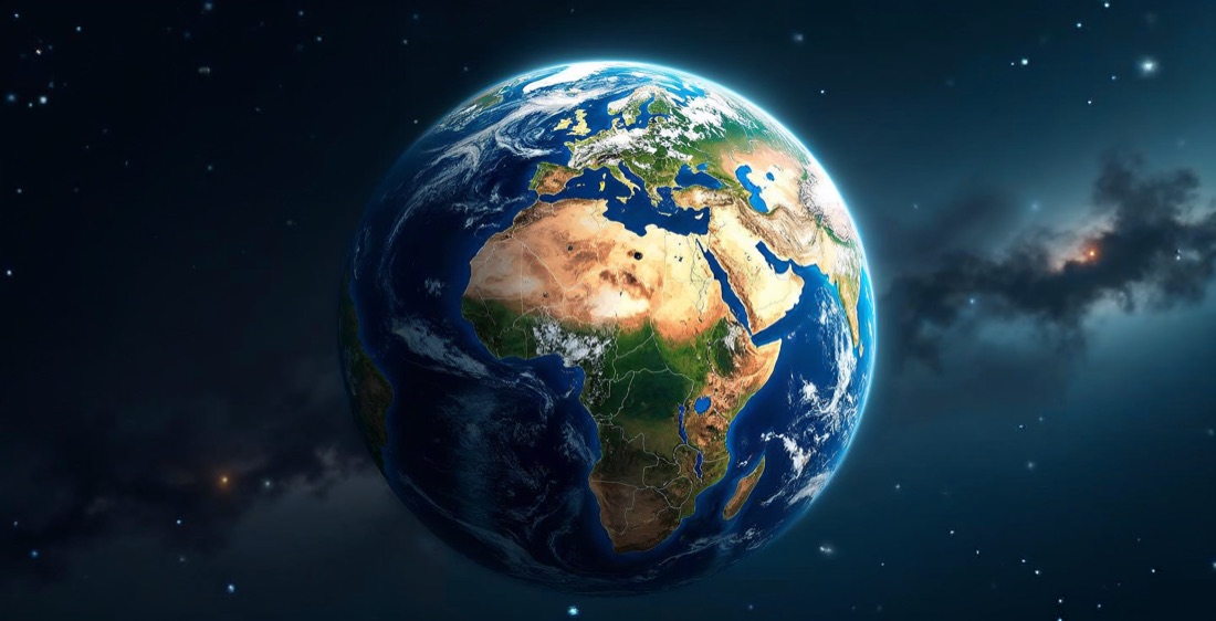 Planet Earth from space with blue oceans.