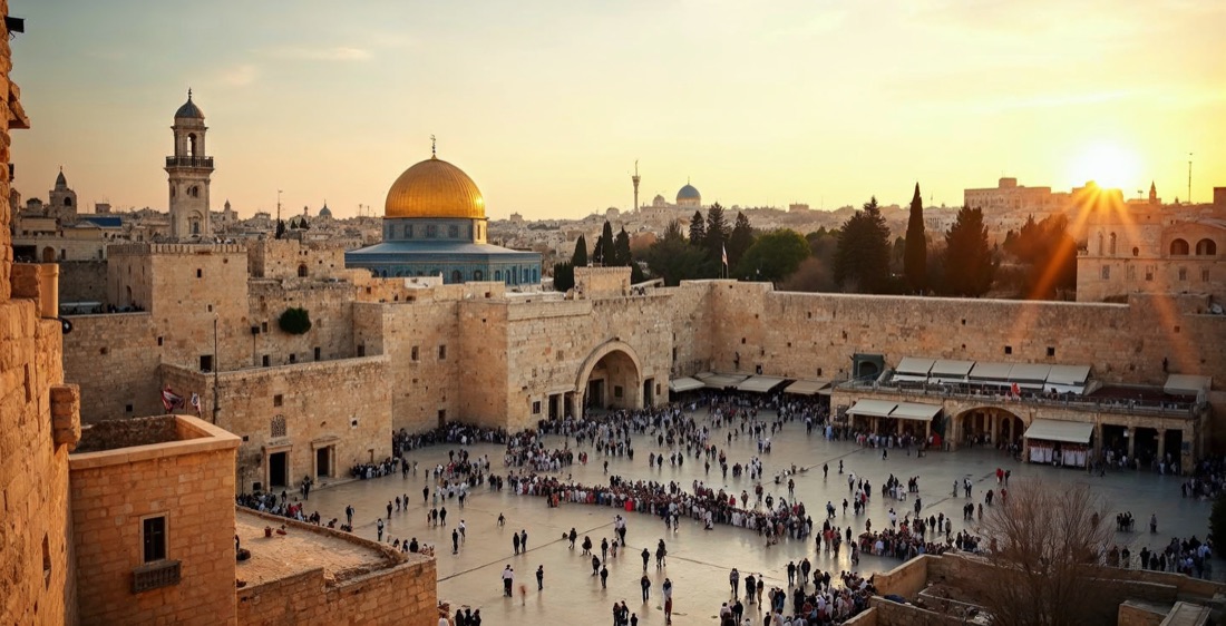 Jerusalem's Western Wall and Dome of the Rock at golden hour