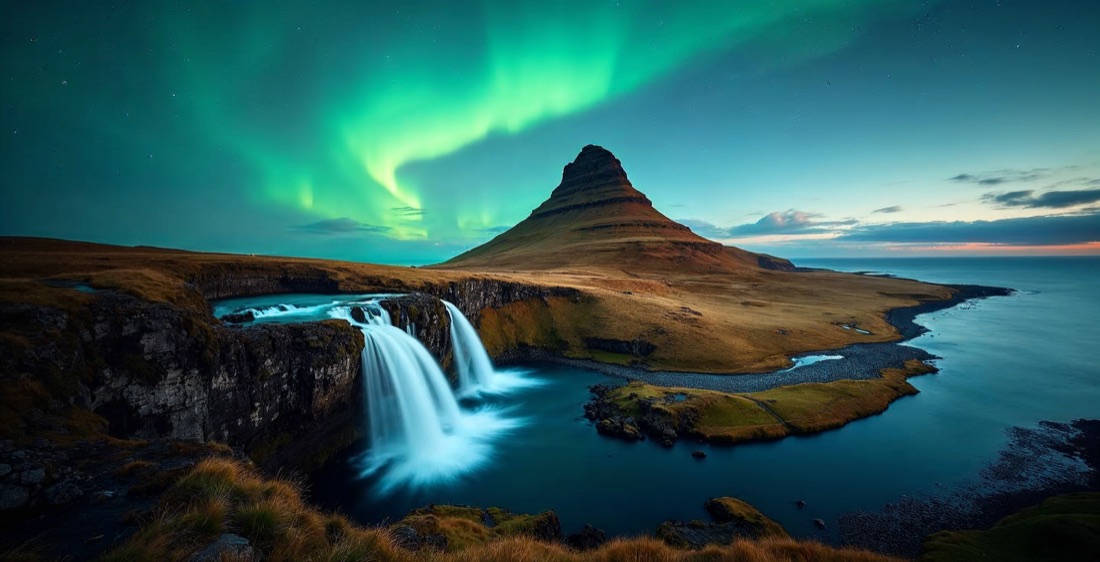 Kirkjufell mountain with waterfall in Iceland