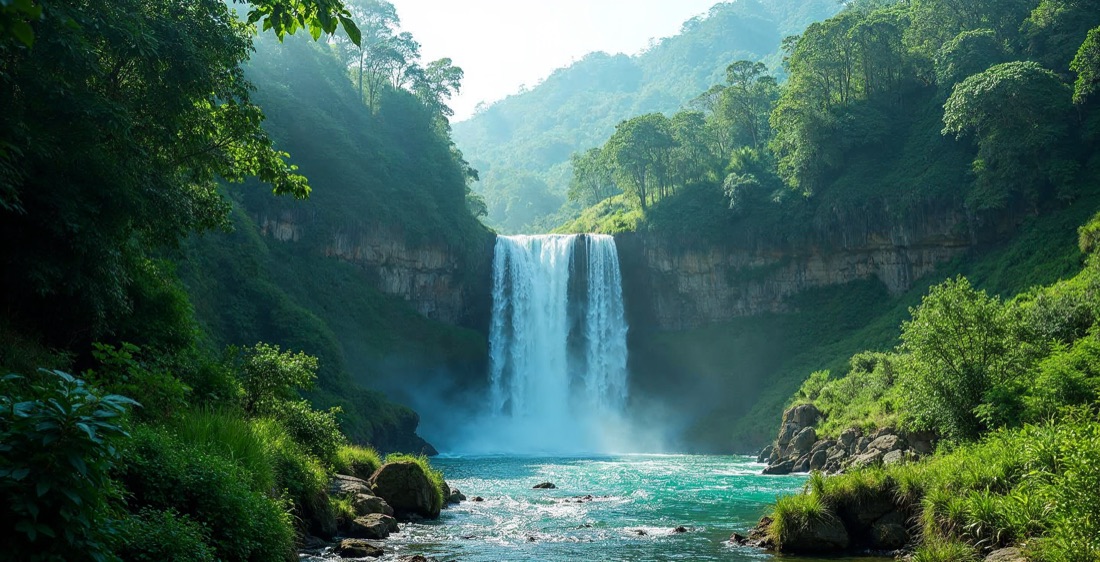 Dunn's River Falls in Jamaica, terraced waterfalls with tropical greenery