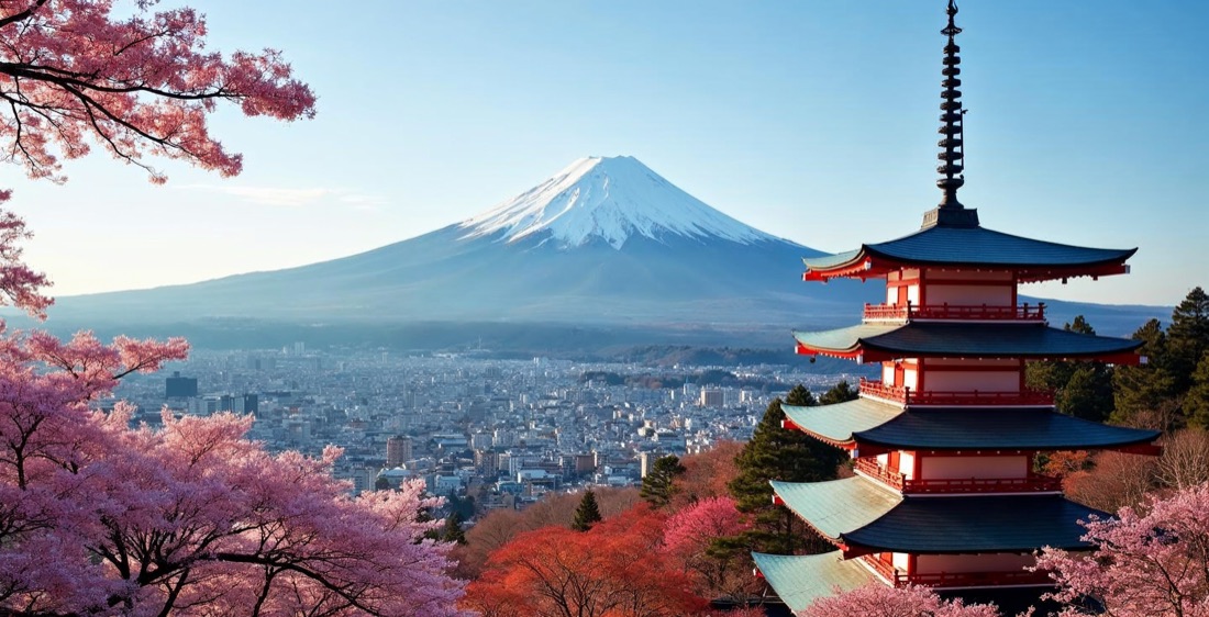 Mount Fuji with Chureito Pagoda and cherry blossoms.