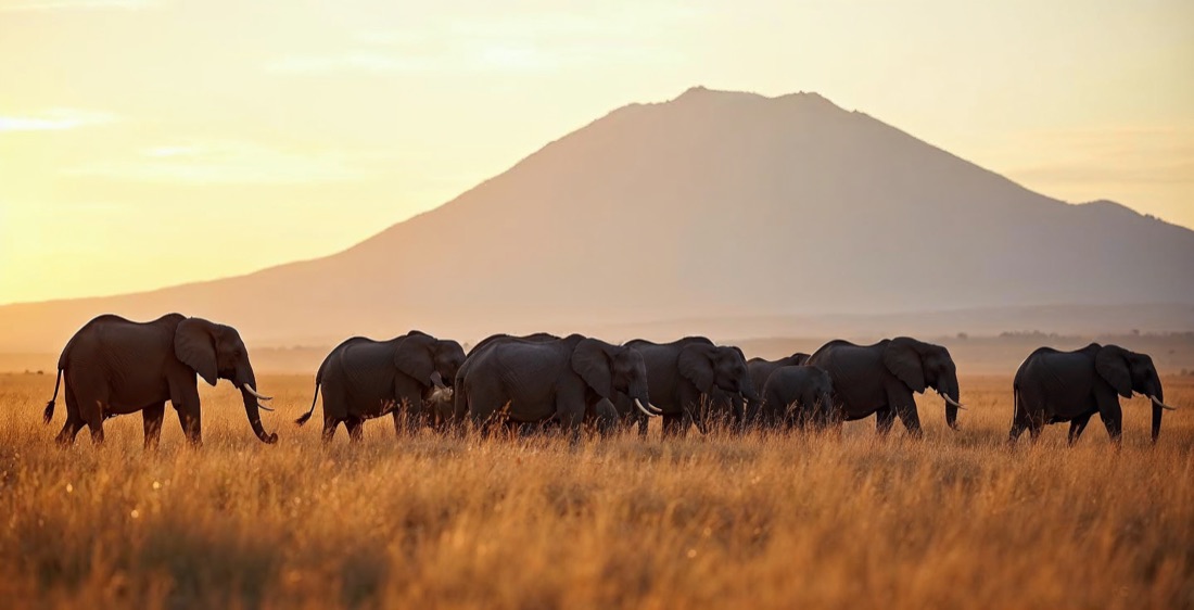 Elephants on the plains with Mount Kilimanjaro behind in Kenya