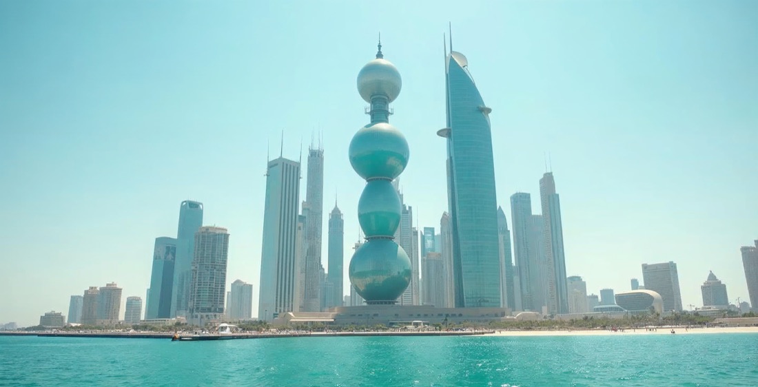 Kuwait Towers in Kuwait City under a bright blue sky