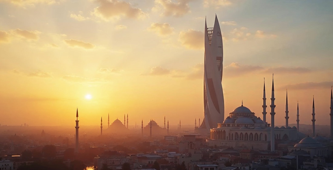 Astana's Bayterek Tower and Nur-Astana Mosque at sunset in Kazakhstan