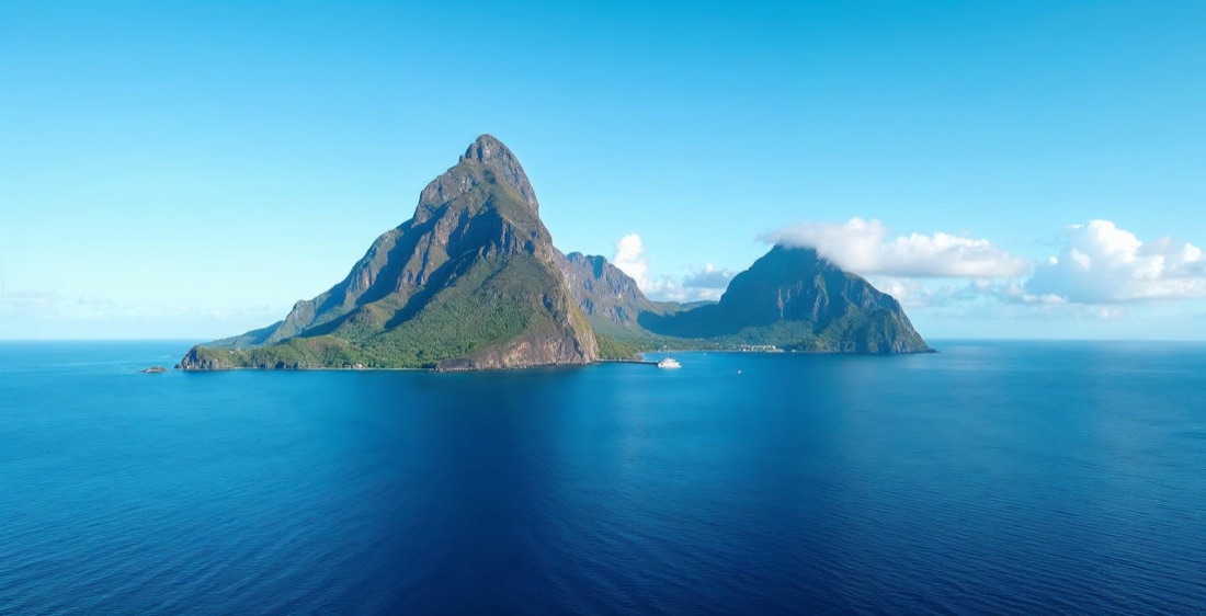 Two jagged Pitons rising above the sea in Saint Lucia, clear day.