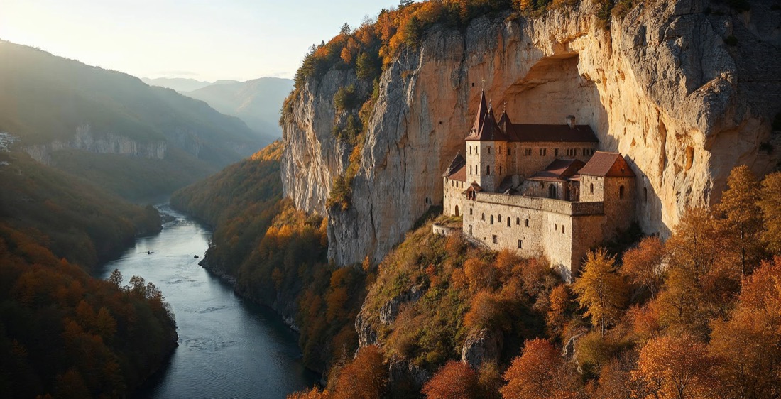 Orheiul Vechi monastery caves above the Raut River in Moldova.