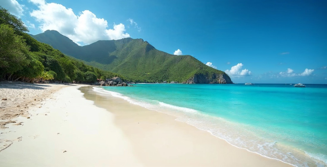 White sand of Orient Bay with green hill, Saint Martin, in midday sun.