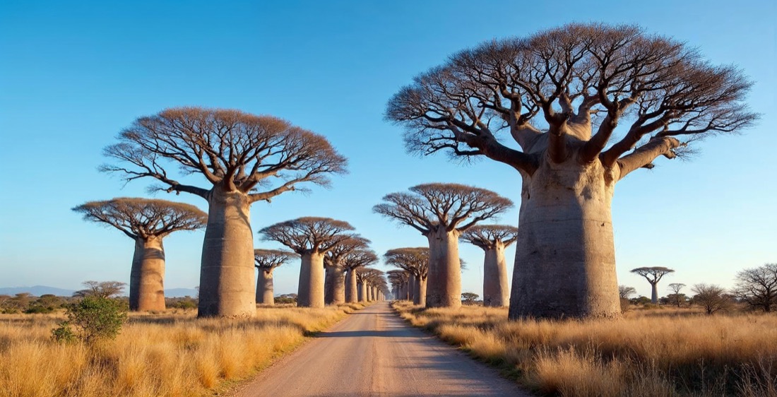 Baobab trees along the dirt road in Madagascar