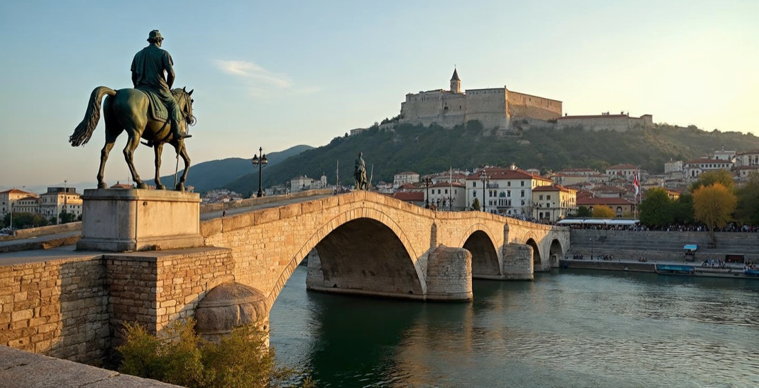 Stone Bridge and Kale Fortress, Skopje, North Macedonia.