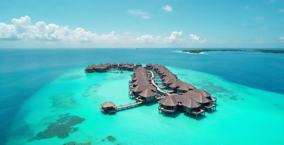 Overwater bungalows on turquoise lagoon in Maldives