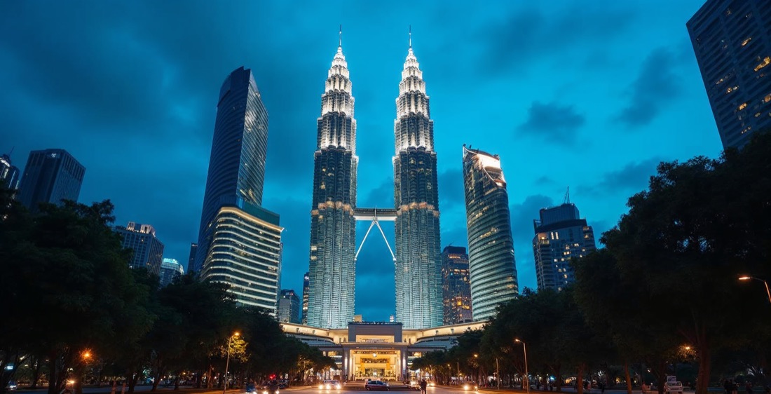 Petronas Twin Towers in Kuala Lumpur at dusk