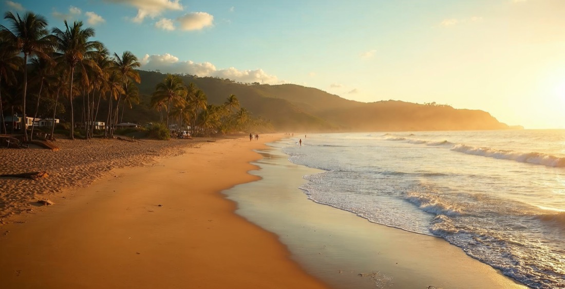 Ponta do Ouro beach in Mozambique with palm trees along the Indian Ocean coast.