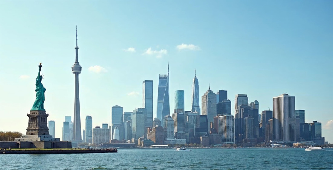 North America montage: Statue of Liberty, CN Tower, Angel of Independence