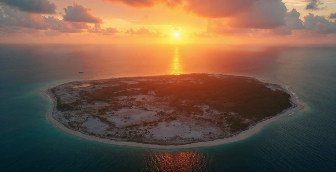 Aerial view of Nauru's interior with phosphate landscape at sunset.