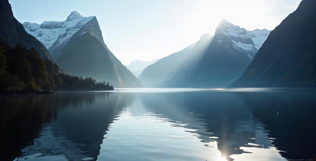Milford Sound's Mitre Peak in New Zealand with water reflection.