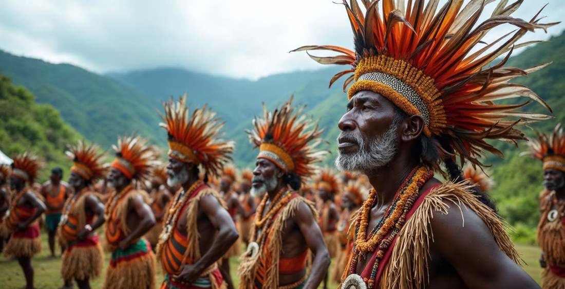 Traditional dancers with bird of paradise feathers, Papua New Guinea.
