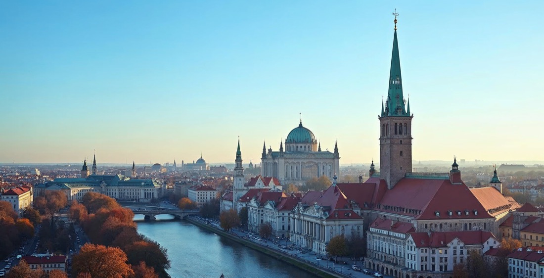 Warsaw Old Town skyline with Palace of Culture in Poland