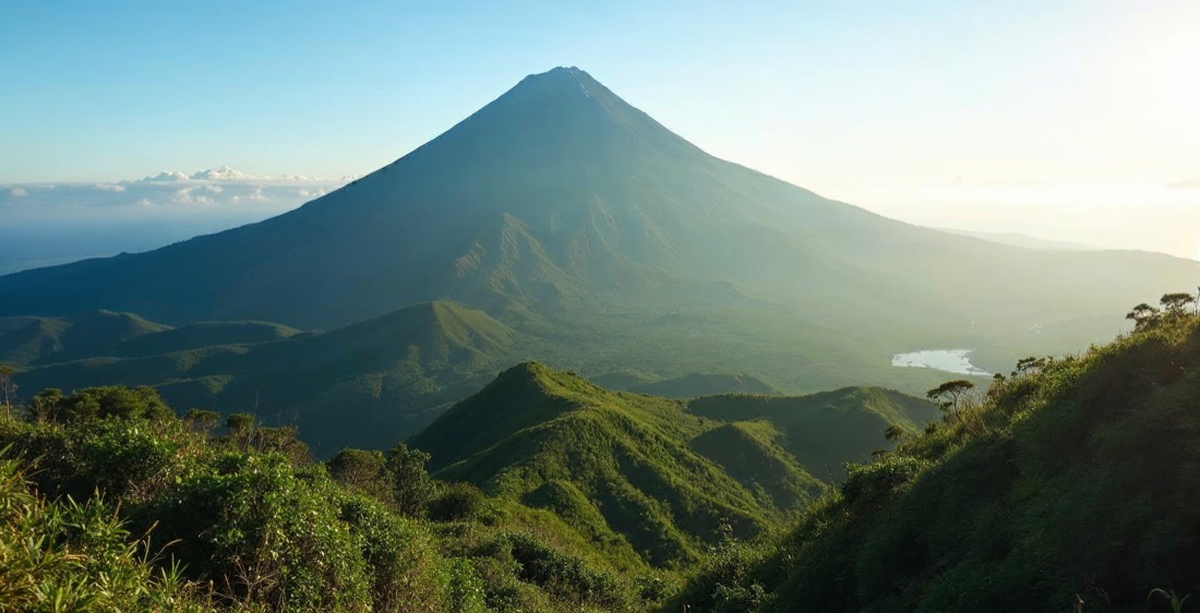 Misty Virunga Volcanoes in Volcanoes National Park, Rwanda, at dawn.