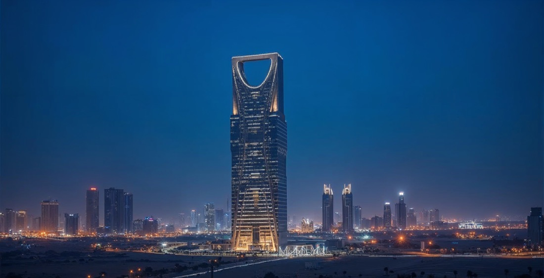 Kingdom Centre Tower in Riyadh, Saudi Arabia at blue hour.