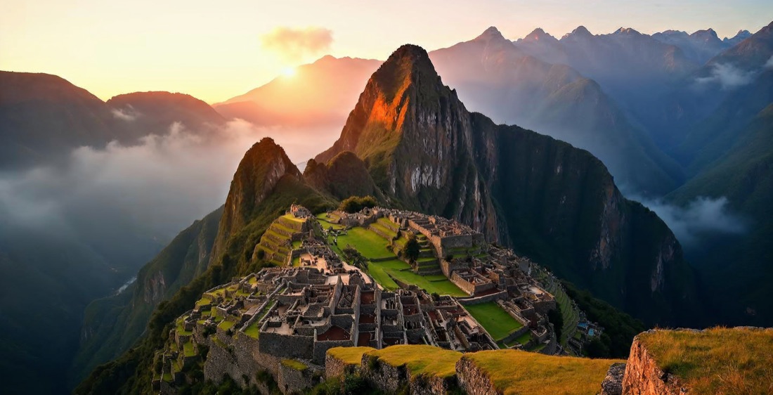 Machu Picchu ruins and Andes mountains at sunrise in Peru.