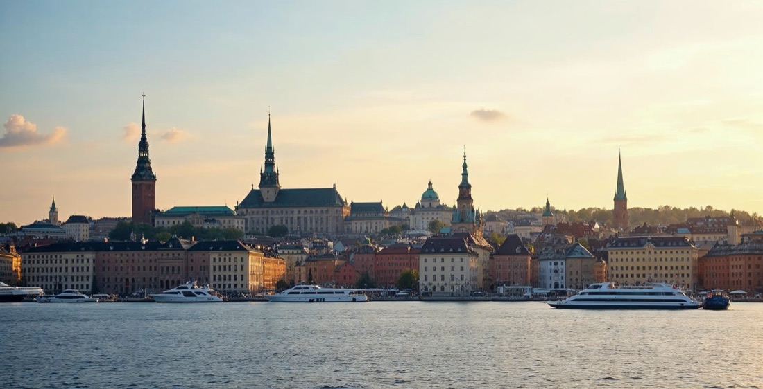 Stockholm skyline and Gamla Stan at sunset.