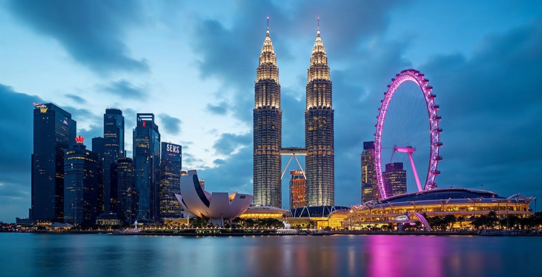 Petronas Towers and Singapore skyline at dusk from Marina Bay.