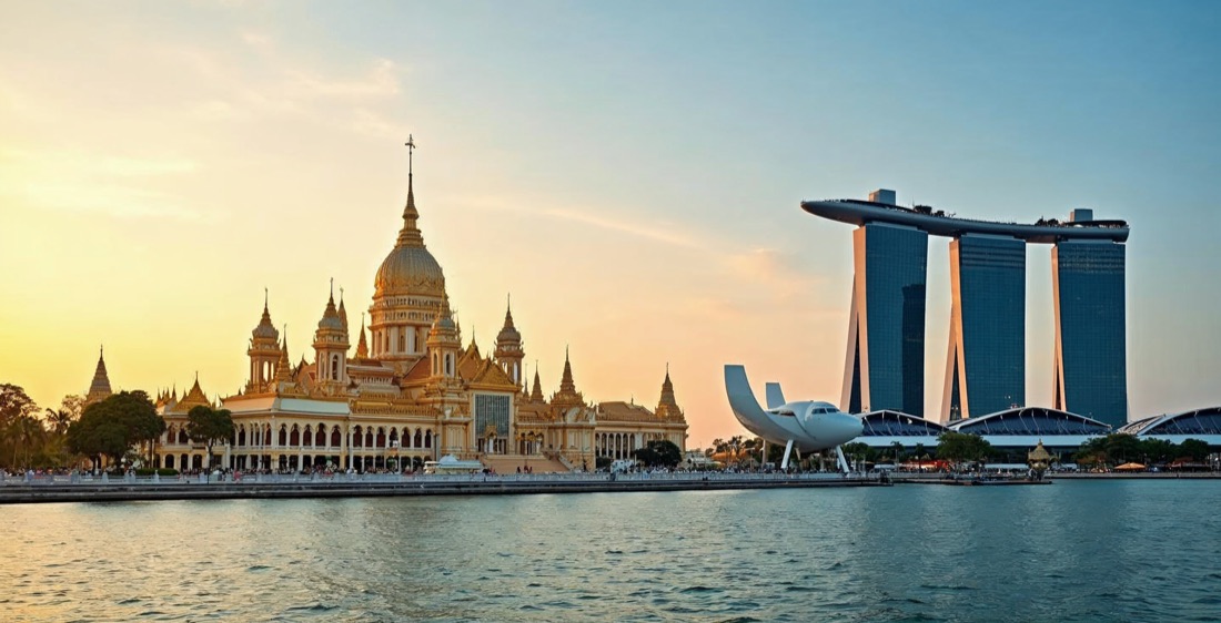 Skyline montage of Bangkok, Kuala Lumpur, and Singapore at golden hour.