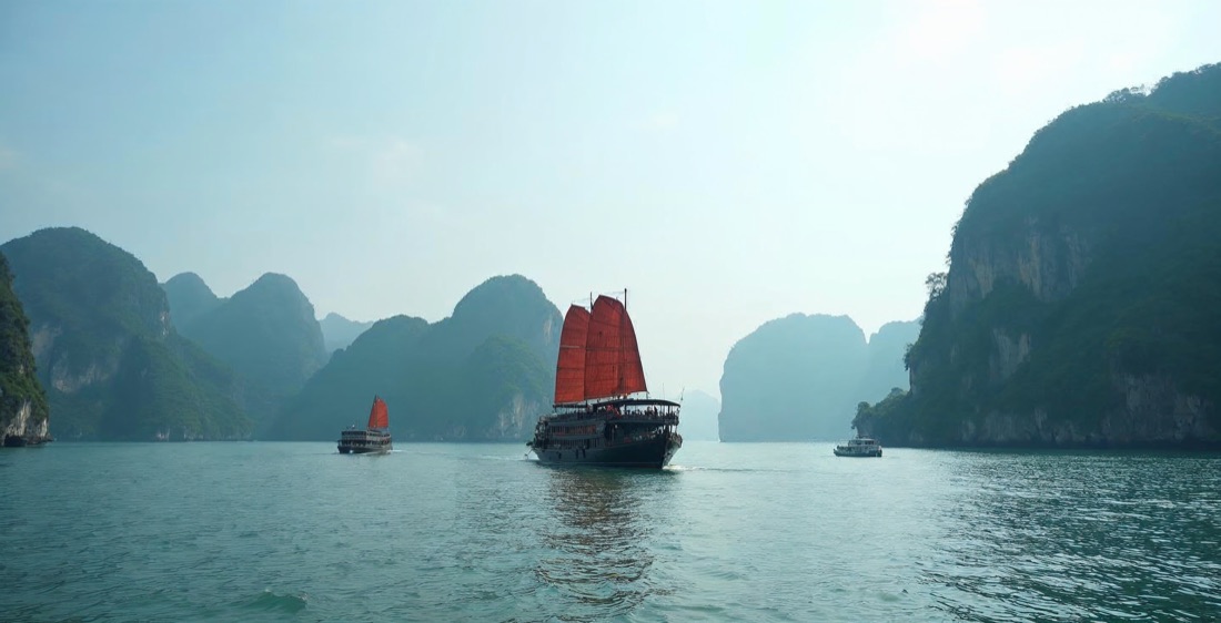 Ha Long Bay with limestone islets in Vietnam.