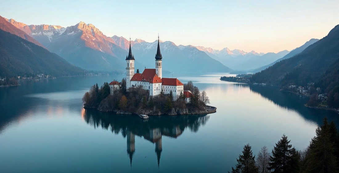 Lake Bled island church and castle, Slovenia.