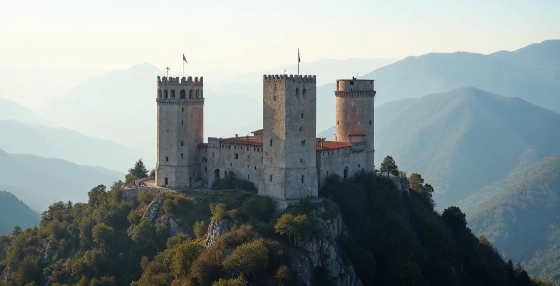 Three towers of San Marino on Mount Titano above hills, morning.